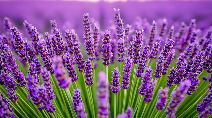 Naklejka premium Close-up of a Purple Lavender Field with Green Stems in Soft Daylight