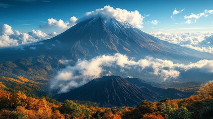Majestic volcano peak with autumn foliage and clouds.