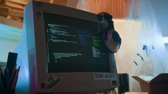Close-up shot of headphones and adorned with playful stickers old computer monitor displaying lines of code in cluttered workspace