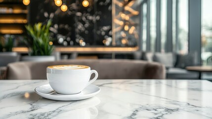 Fototapeta premium Cozy coffee cup on a marble table in a modern cafe with elegant decor and soft lighting, creating a warm and inviting atmosphere for patrons.