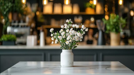 Fototapeta premium Elegant white flowers in a minimalist vase on a modern marble table in a stylish cafe with blurred background ambiance