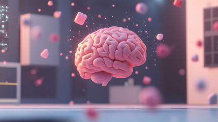 A floating pink brain surrounded by colorful geometric shapes, suggesting creativity and innovation in a modern environment.
