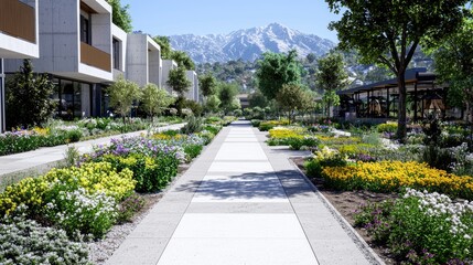 Obraz premium Modern homes, mountain view, landscaped walkway, sunny day, real estate