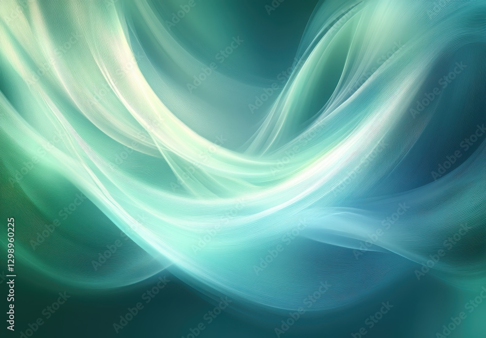 Poster ethereal flowing waves in soft green and blue tones with abstract motion and light effects for backg
