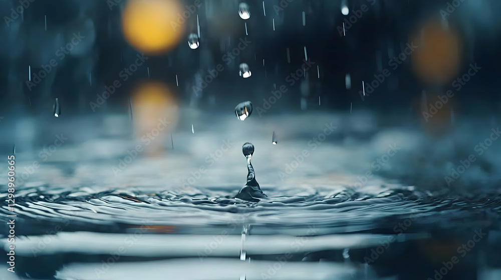 Poster macro photography of water droplets falling into a puddle creating ripples and reflections