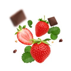 Strawberry fruit splashing of chocolate liquid on transparent background png