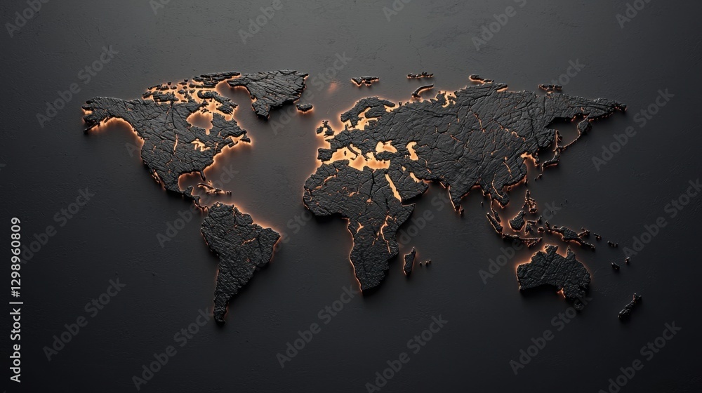 Poster abstract artistic world map in textured black with glowing orange highlights, representing global co