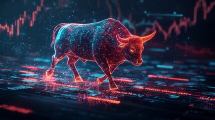 Bull market trend illustrated in digital form with dynamic data visualization in a futuristic setting