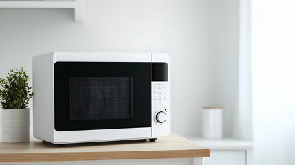 Obraz premium White Microwave Oven On Wooden Countertop With Green Plant And Bright Background