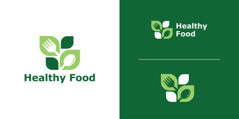 logo design combination of spoon fork and leaves, logo for healthy food, herbal, nutrition, health, symbol, icon, idea, creative.