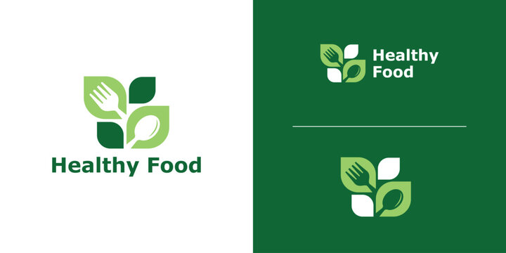 logo design combination of spoon fork and leaves, logo for healthy food, herbal, nutrition, health, symbol, icon, idea, creative.