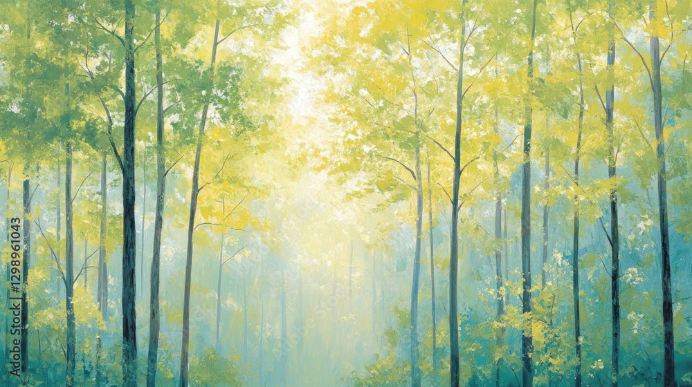 Poster painted forest scene with light filtering through trees for calming effect