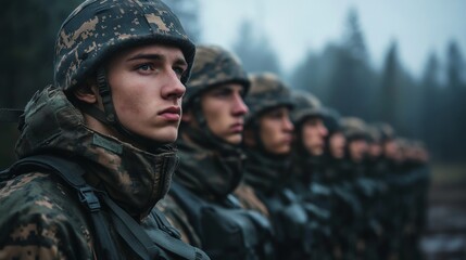 Fototapeta premium Young soldiers in formation during training in foggy forest at dawn