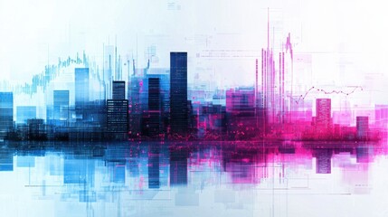 Obraz premium Abstract digital skyline with vibrant blue and pink colors, representing growth, finance, and technology in a modern urban setting, reflecting data visualization trends.