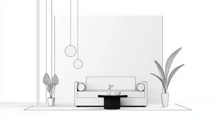 Fototapeta premium Minimalist Living Room Design in Black and White with Indoor Plants and Modern Furniture for Stylish Home Decor Inspiration