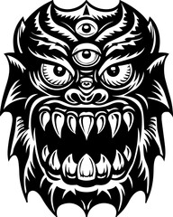 Fototapeta premium Western demons and hellish creatures in SVG vector format. Fierce Black and White Tribal Monster Face with Three Eyes