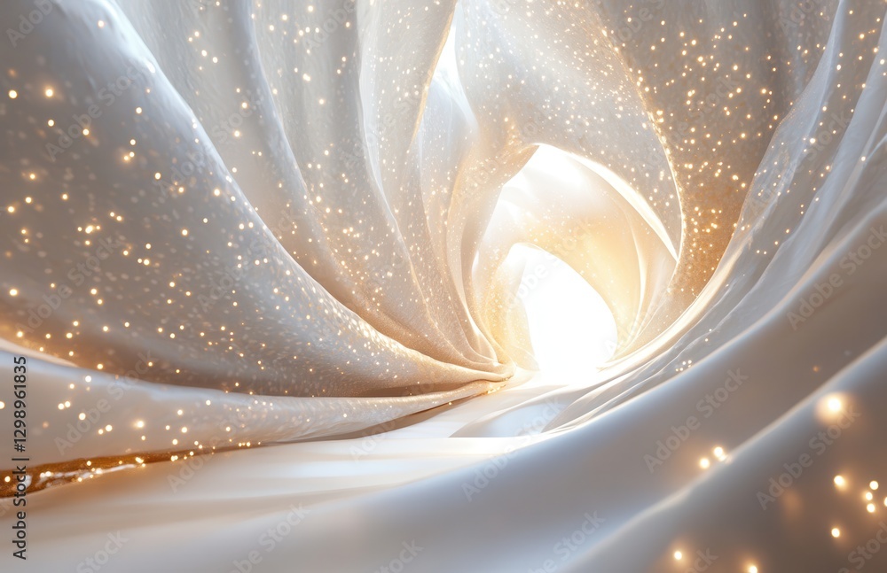 Poster ethereal light shines through soft fabric, creating a magical atmosphere with sparkles and gentle cu
