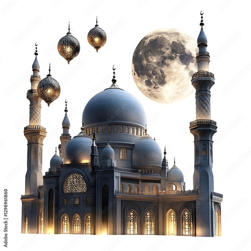 Poster majestic mosque illuminated under a full moon with floating lanterns, creating a serene night scene