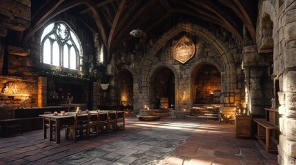 Medieval castle dining hall with lit candles and festive decorations
