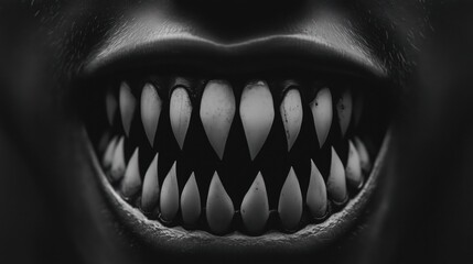 Naklejka premium A close-up view of sharp, menacing teeth in a dark setting.