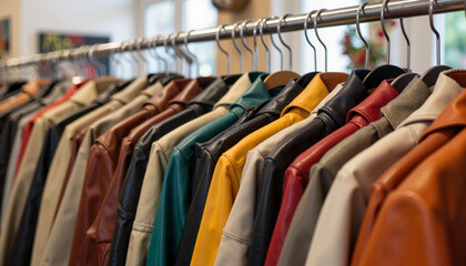 Fototapeta premium Colorful leather jackets on hangers in a clothing store, clothing swap event, recycled, natural wool, cotton, zero waste fashion, consignment shop, vintage, flea market, biodegradable fabrics,