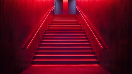 Fototapeta premium Staircase illuminated with vibrant red lights leads to a contrasting blue door in a modern interior setting