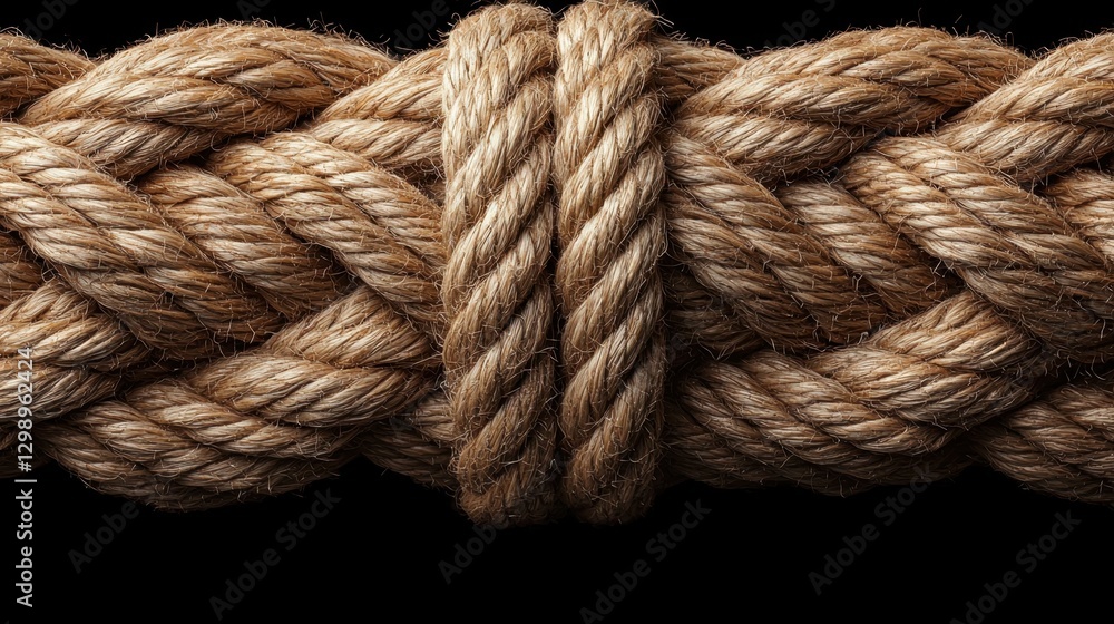 Poster close-up of twisted natural jute rope with intricate weave, showing detailed texture and rustic char