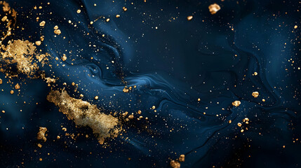Abstract Dark Blue Fluid Background with Gold Glitter and Textured Elements