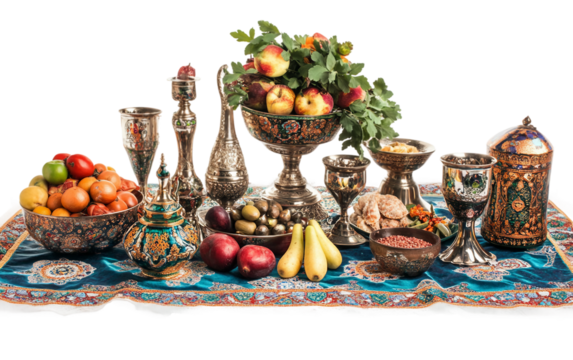 A Culturally Rich Haft-Sin Display with Traditional Items Representing Prosperity Isolated on transparent background.