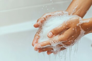 Fototapeta premium A person washing hands under running water, close-up shot of clean hands and soap bubbles