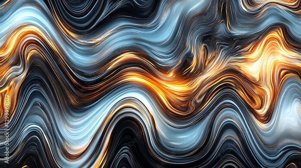 Poster dynamic swirls of light in abstract art composition with interweaving black and silver waves design
