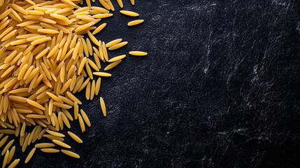 A clean, minimalistic image of orzo pasta scattered on a dark, smooth background, showcasing the neatness of the rice-shaped grains.