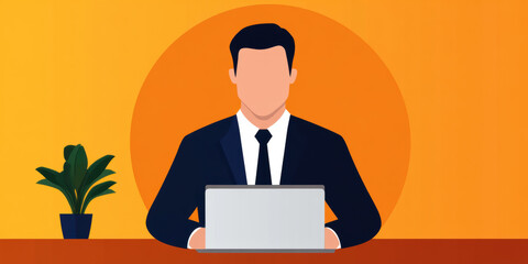 A businessman working on a laptop at a desk with a plant and an orange background.