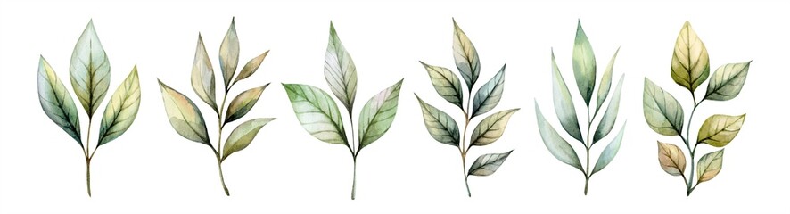Watercolor illustration of various green leaves arranged in a row showcasing natural beauty and diversity