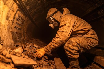 Fototapeta premium A sewer worker in an underground tunnel, wearing protective gear, clearing a massive clog of debris, dim industrial lighting
