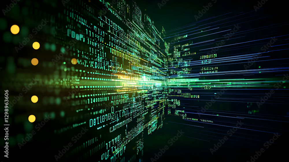 Poster abstract digital data visualization representing network connections in green and blue tones