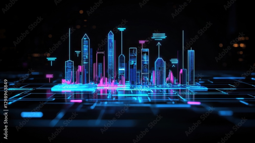 Poster futuristic cityscape visualization with neon colors and data analysis graphs in a cyberpunk style fo