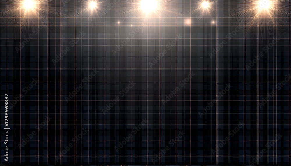 Poster stage backdrop features grid pattern illuminated by spotlights above