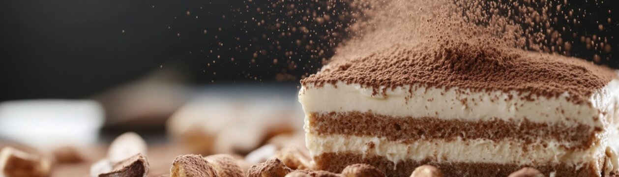 Naklejki Close Up Of Layered Dessert Sprinkled With Cocoa Powder And Sweet Topping. Delicious Dessert Photography.  Gourmet  Treat.  Detailed View.  Pastry. Dessert. Food Photography. Food Styling. Food Art