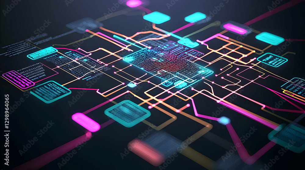 Poster abstract digital circuit board with neon blue and orange pixelated elements in dark background