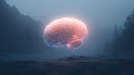 A glowing brain appears in a misty landscape, symbolizing creativity, thought, and the mysteries of the mind.