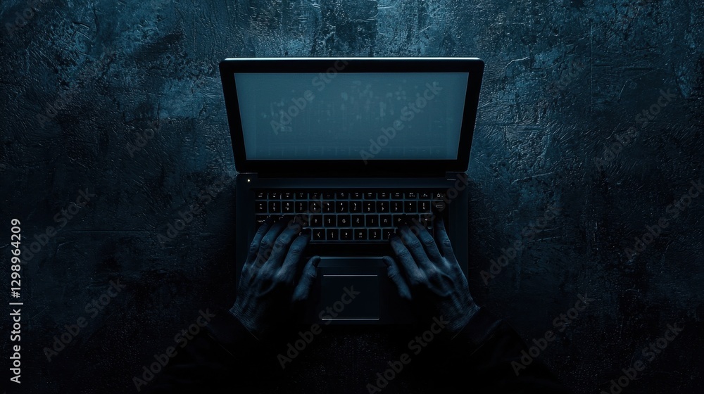 Poster hands typing on a dark laptop with a blank screen in a mysterious and atmospheric setting for techno