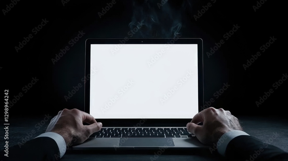 Aufkleber hands of a businessman on a laptop keyboard with smoke in a dark background symbolizing technical is