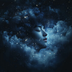 Dreamy Portrait of a Woman's Face Floating in a Cosmic Space with Stars and Nebulae in a Surreal Fantasy Setting