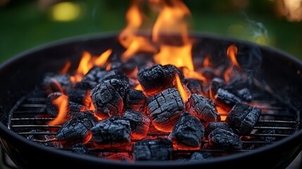 Charcoal burning brightly on the grill during a summer cookout in the backyard