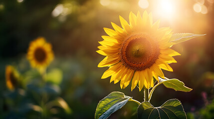 Naklejka premium A close-up of a single sunflower blooming towards the sun in the middle of a summer garden.