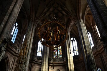 Nuremberg, Germany 10.17.2019: Greeting of the Angel, German Renaissance sculpture, (1517-1518) by Veit Stoss in St. Lawrence Church