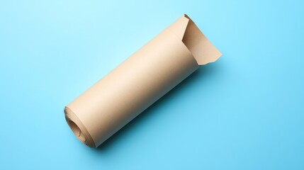 Rolled, torn kraft paper on blue surface