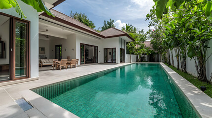 Fototapeta premium Luxurious Villa With Swimming Pool And Tropical Garden Under Blue Sky Sunlight