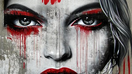 Striking street art featuring a woman with bold red accents on a concrete wall in an urban setting